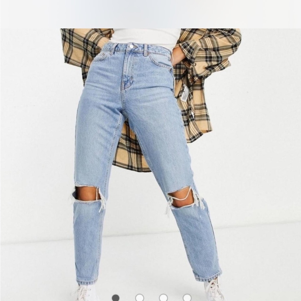 Topshop Blue Straight Leg Jeans with Distressed Details